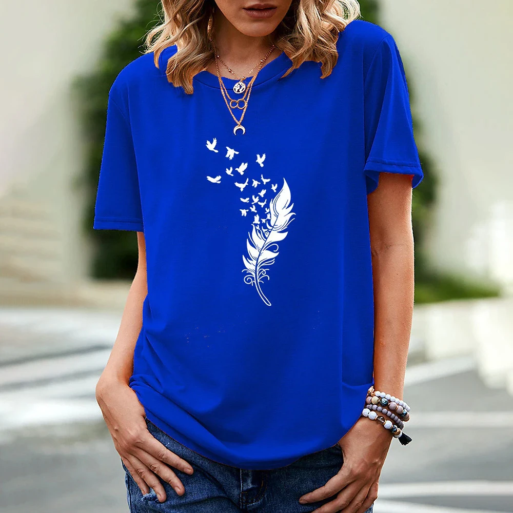 

Summer Fashion Women's T Shirt 3d Feather Print Short Sleeve Tops Casual Loose Female Oversized Y2k Clothing Girls Funny Blouse