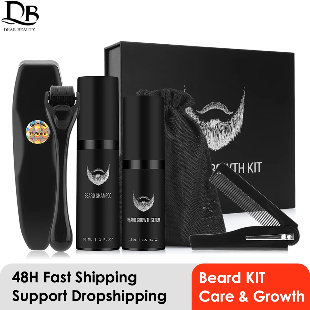 4 Pcs/Set Beard Growth Kit Men's Beard Growth Serum Oil Derma Roller Beard Comb Shampoo Beard Care Grooming Kit with Travel Bag