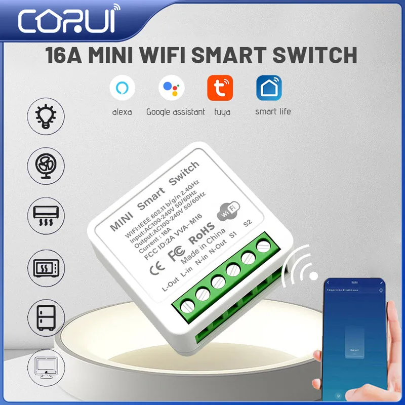 

Умный мини-переключатель CORUI 16 А с поддержкой Wi-Fi, двухстороннее управление таймером, автоматизация умного дома, Совместимость с Google Home Smart ...