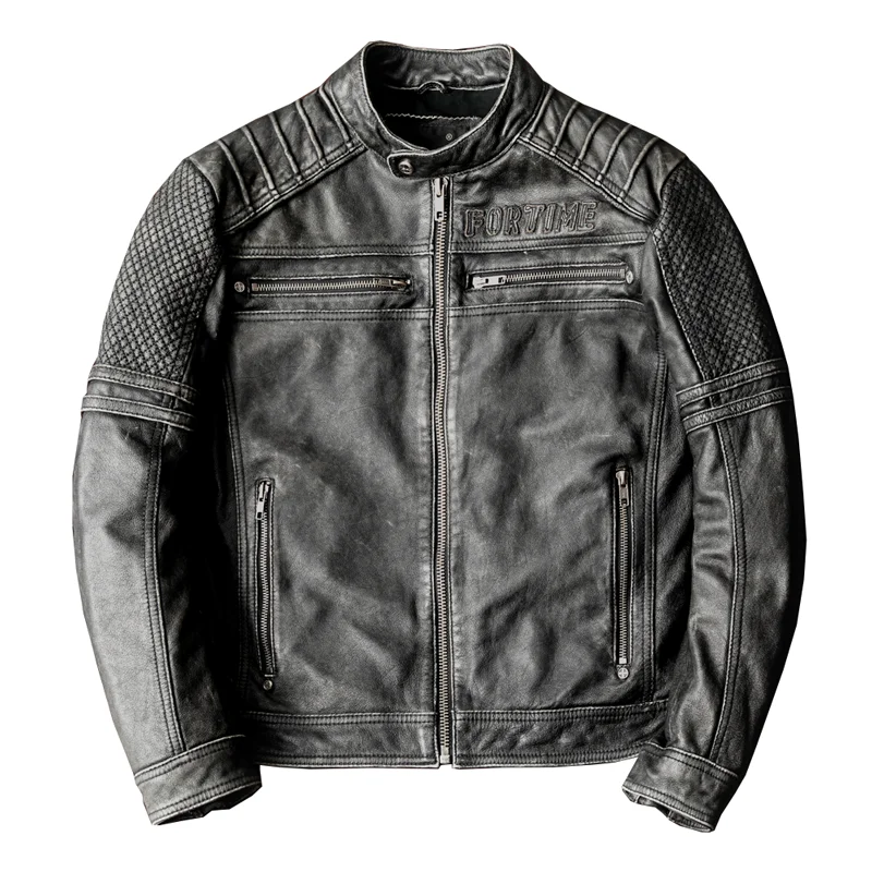 

Vintage Grey Spring Men's Jacket Biker Style Plus Size 5XL Natural Cowhide Autumn Slim Fit Short Motorcycle Genuine Leather Coat