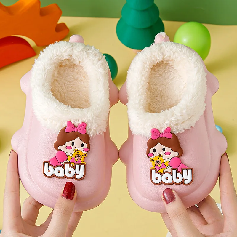 Baby Autumn Winter Home Slippers Waterproof Lightweight Child Indoor Slippers Warm Plush Boys Girls Bedroom Cotton Slides Comfy