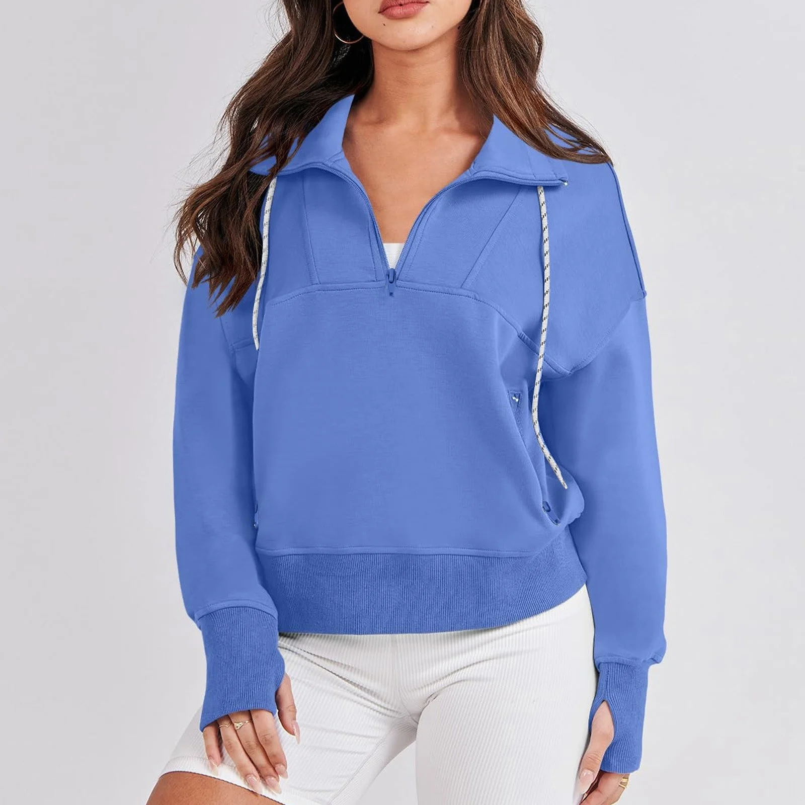 

Cropped Top Sweatshirt With Half Zip Women Autumn Loose Long Sleeve Pullovers Daily Turn-Down Collar Solid Color Tracksuit 후드집업