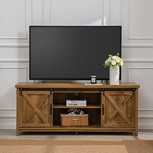 

Farmhouse TV Stand with Sliding Barn Doors, Media Entertainment Center Console Table for TVs up to 65\u201D,2-Tier Large Storage