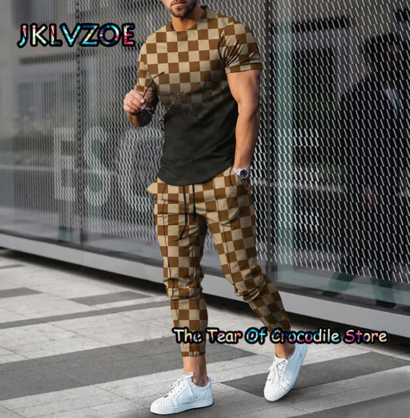 Newest Stitching Patter Men's Trousers 2 Piece Sets Print Summer Plaid t Shirt Short Sleeve+Long Pants Street Tracksuit Clothing