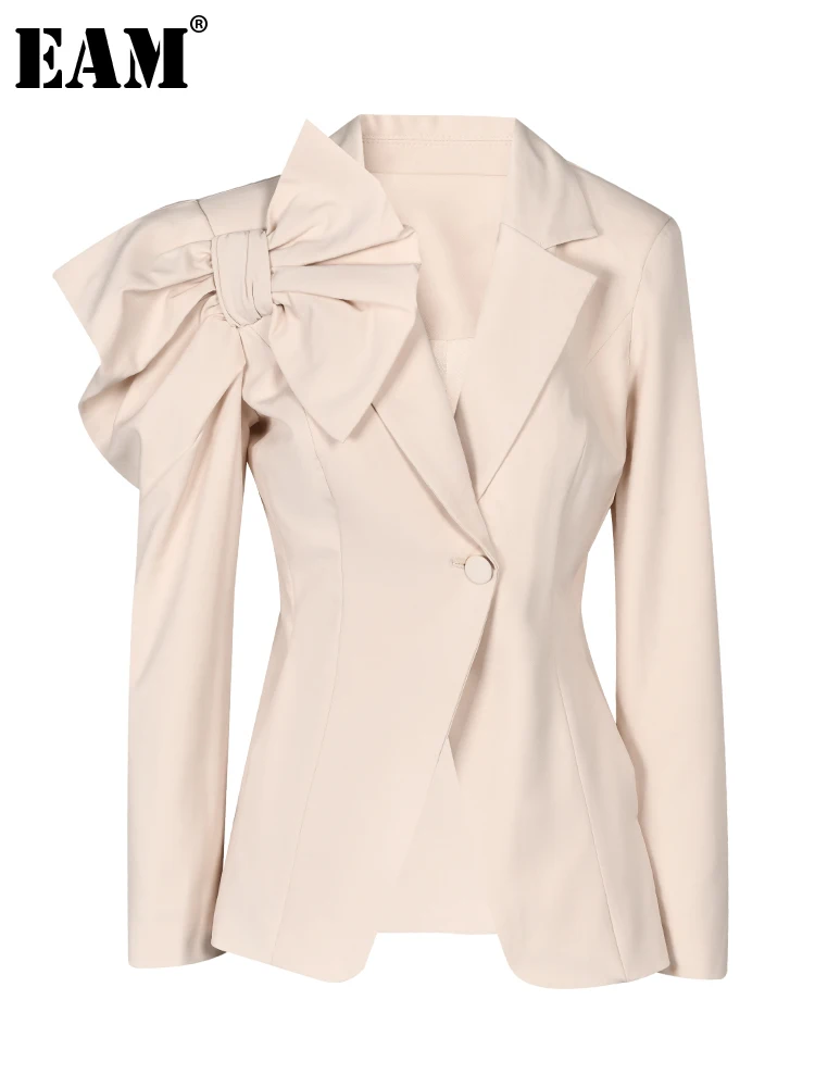 

[EAM] Women Apricot Bow Shaped Elegant Blazer New Lapel Long Sleeve Loose Fit Jacket Fashion Tide Spring Autumn 2023 CP1087