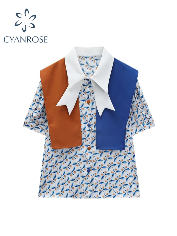 

Блузка женская с коротким рукавом, Повседневная рубашка в стиле пэчворк, топ с воротником-поло, французская свободная офисная одежда, Y2k, лет...