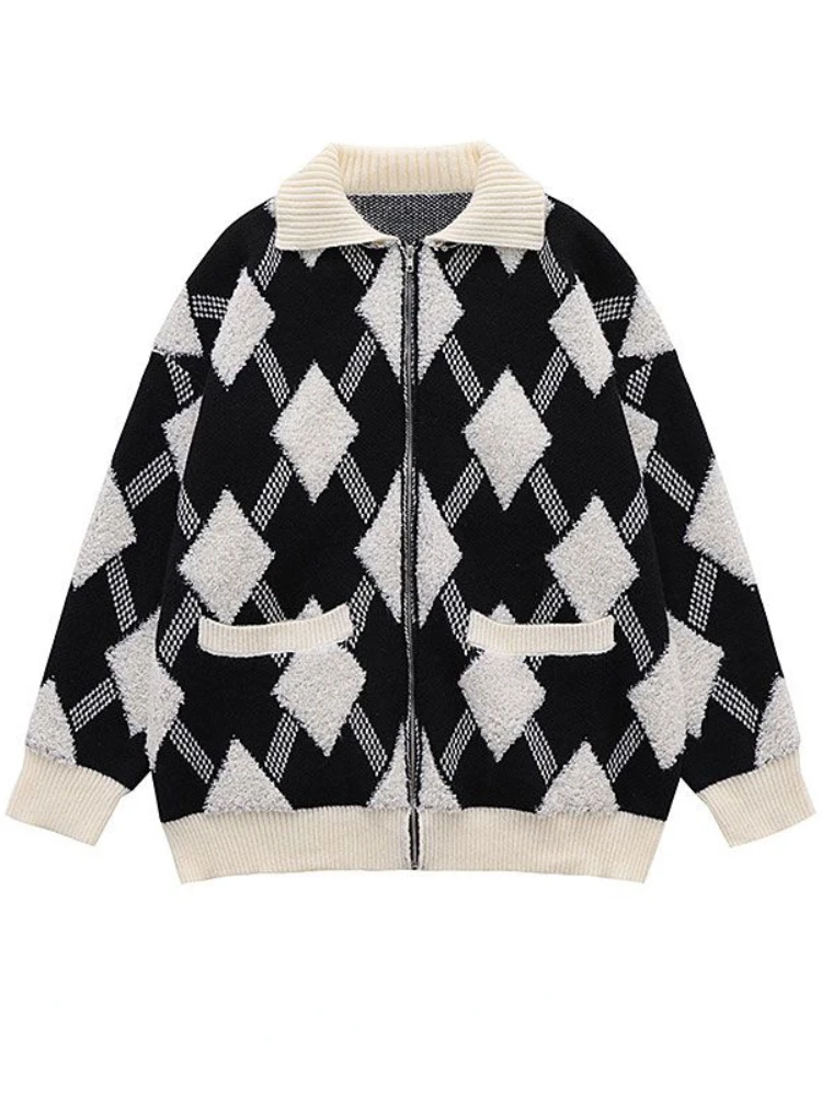 

Contrast Color Cardigan Women Plaid Patchwork Pockets Zipper Turn Down Collar Sweaters Vintage Autumn Winter Casual Loose Tops