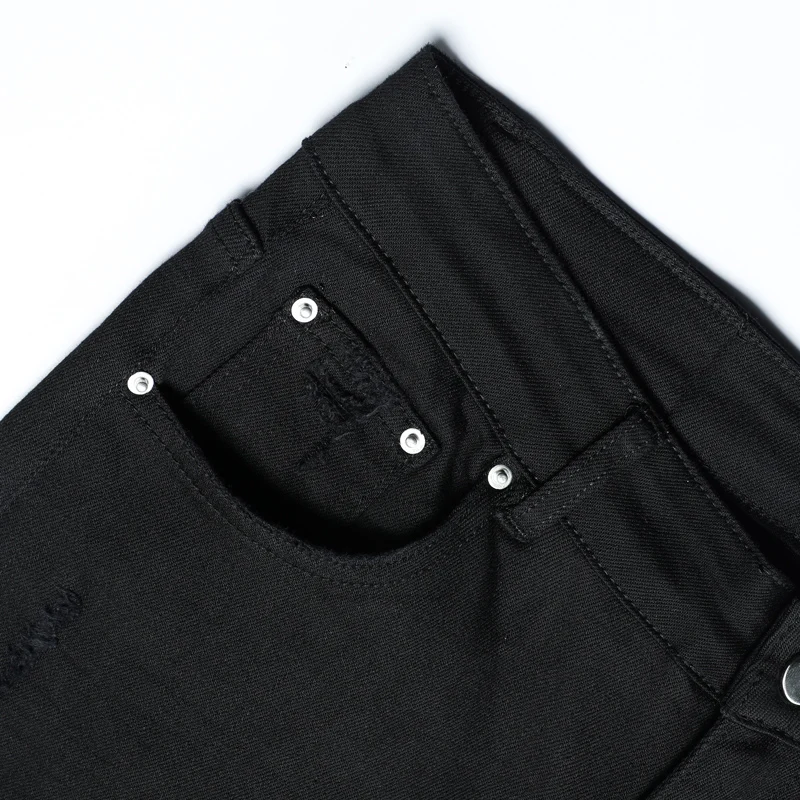 High Street Fashion Men Jeans Black Color Elastic Stretch Skinny Ripped Jeans Men Leather Patched Designer Hip Hop Brand Pants