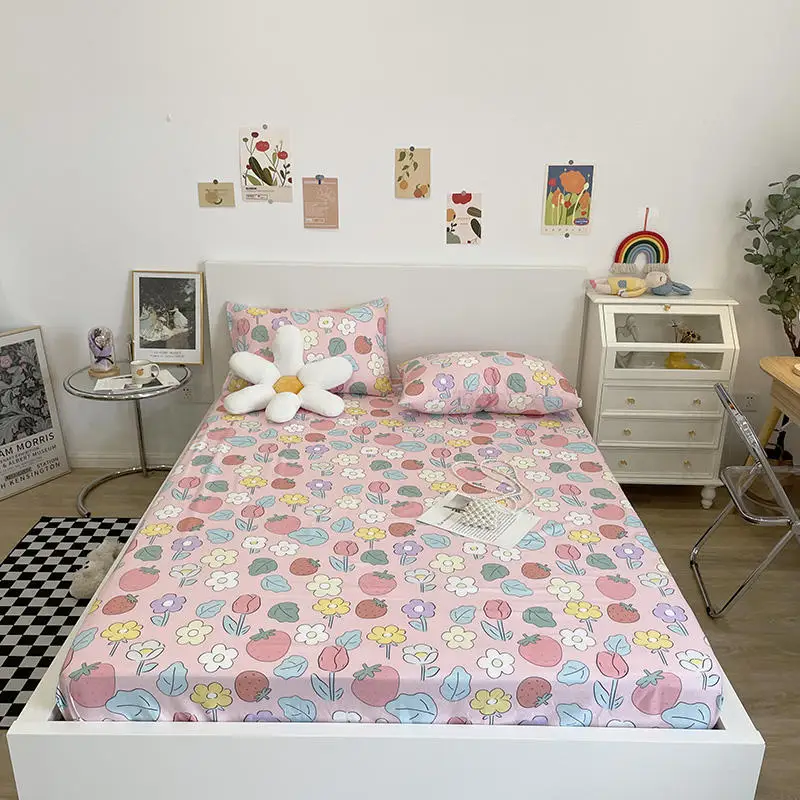 

Yaapeet 1pc Bed Sheet on Elastic Flower Printed Pink Bottom Sheets for Queen Bed couvre lit Single Bed Linen(without pillowcase