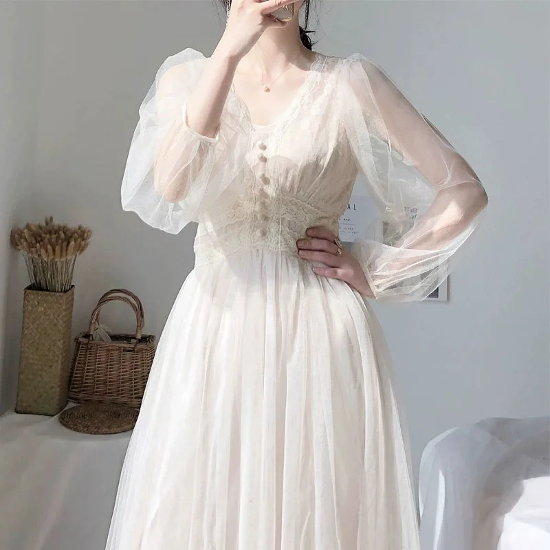 

Summer Elegant Lace Mesh A-Line Button White Dress Women Fashion V-Neck High Waist 2023 Puff Sleeve Dresses New Vestidos 8126 50