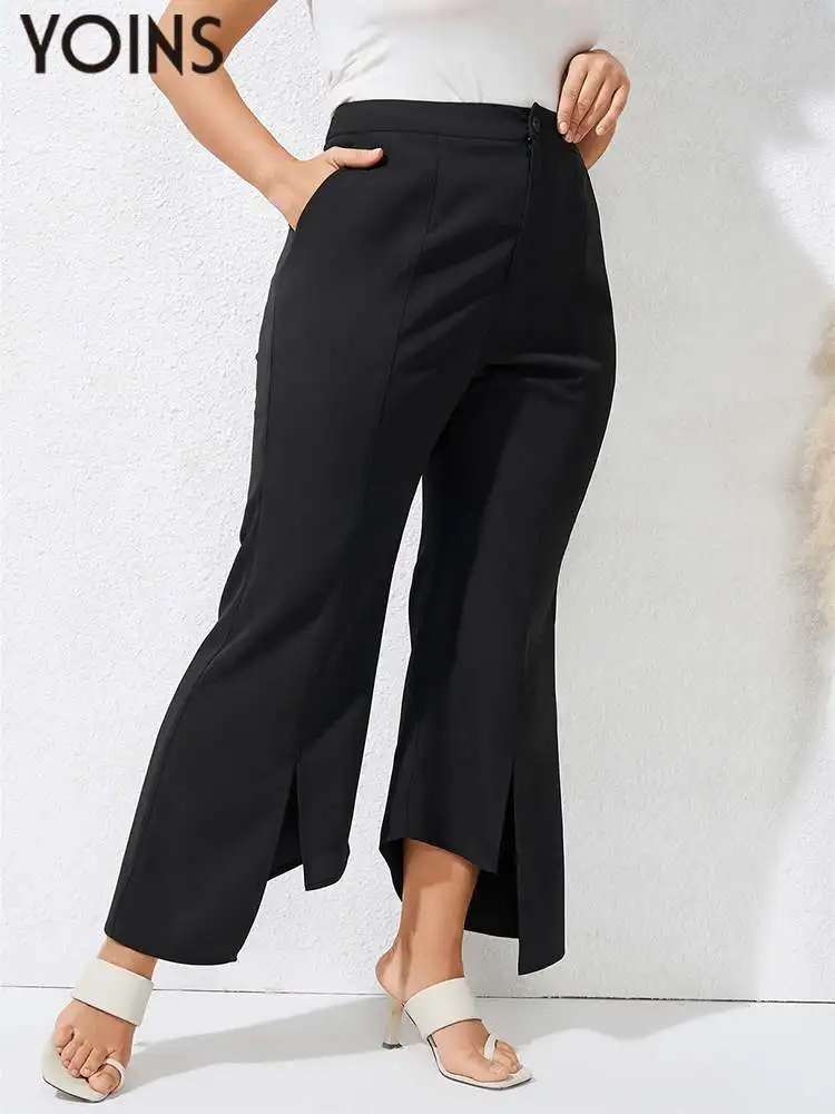 

YOINS Women Pant 2023 Plus Size Pants Asymmetrical Hem Black Pantalon Femme OL Party Elegant Pockets Long Trousers Bell-bottoms