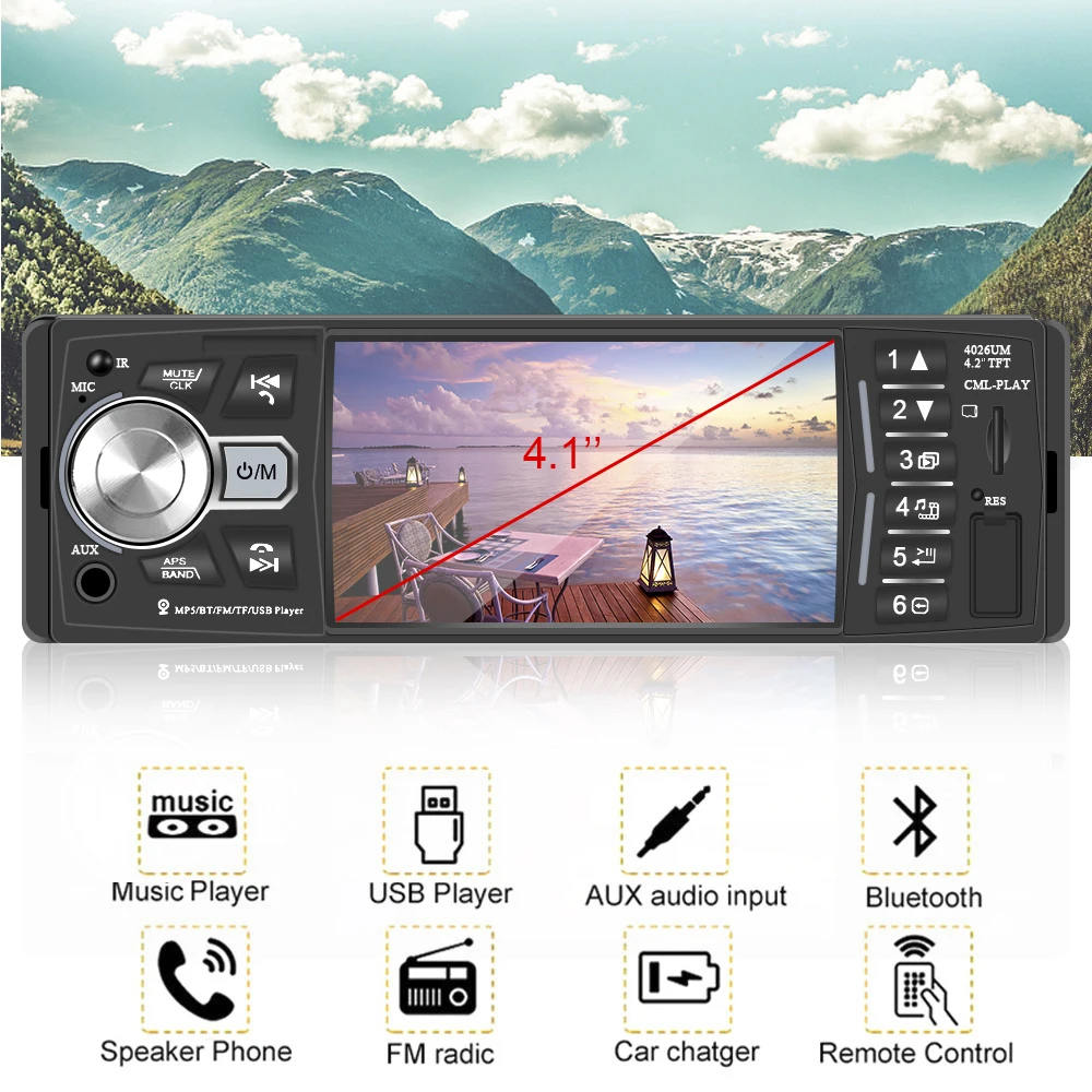 

1 Din 4.1 Inch Car Radio Bluetooth 4.2 ISO Remote Multicolor Lighting Audio Video MP5 Player TF USB Car Audio Fast Charging