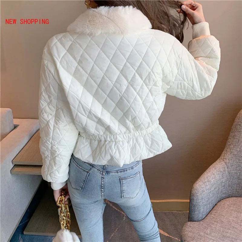 2022 Padded Plaid Argyle Parkas Women Winter Faux Fur Collar Loose Short Jackets Female Warm Oversize Coats Causal Streetwear