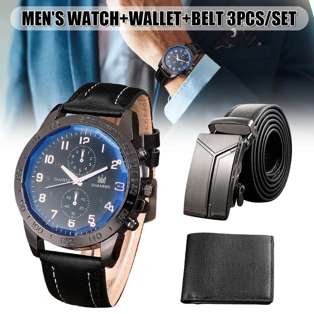 

Men's Watch+Wallet+Belt Set Male's Gift for Father's Day Birthday Gift 3pcs/set Casual Quartz Watch PU Strap Good-looking B99