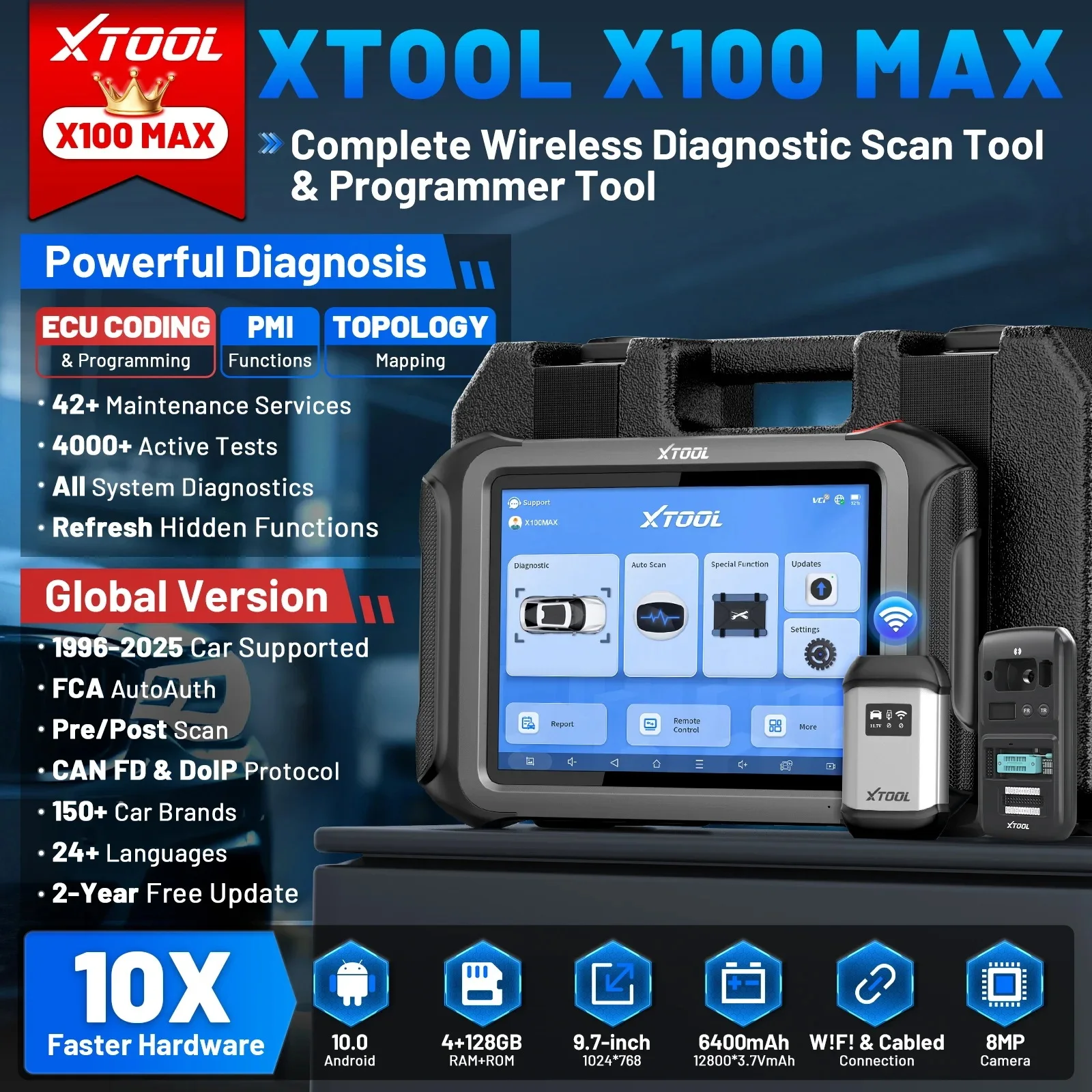 Фото Диагностический программатор ключей XTOOL X100MAX для автомобилей, сенсорный экран 9,7 дюйма, 4G+128G, беспроводное управление, универсальное применение, модель 2026 года №2