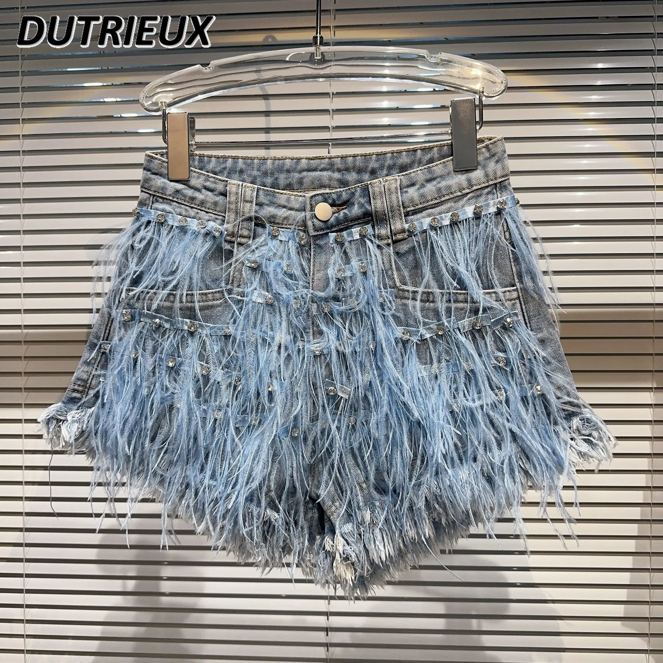 2023 Summer Hot Pants for Lady New High Street Hot Girl Feather Rhinestone Beaded Women's Denim Shorts Fashion High Waist Shorts