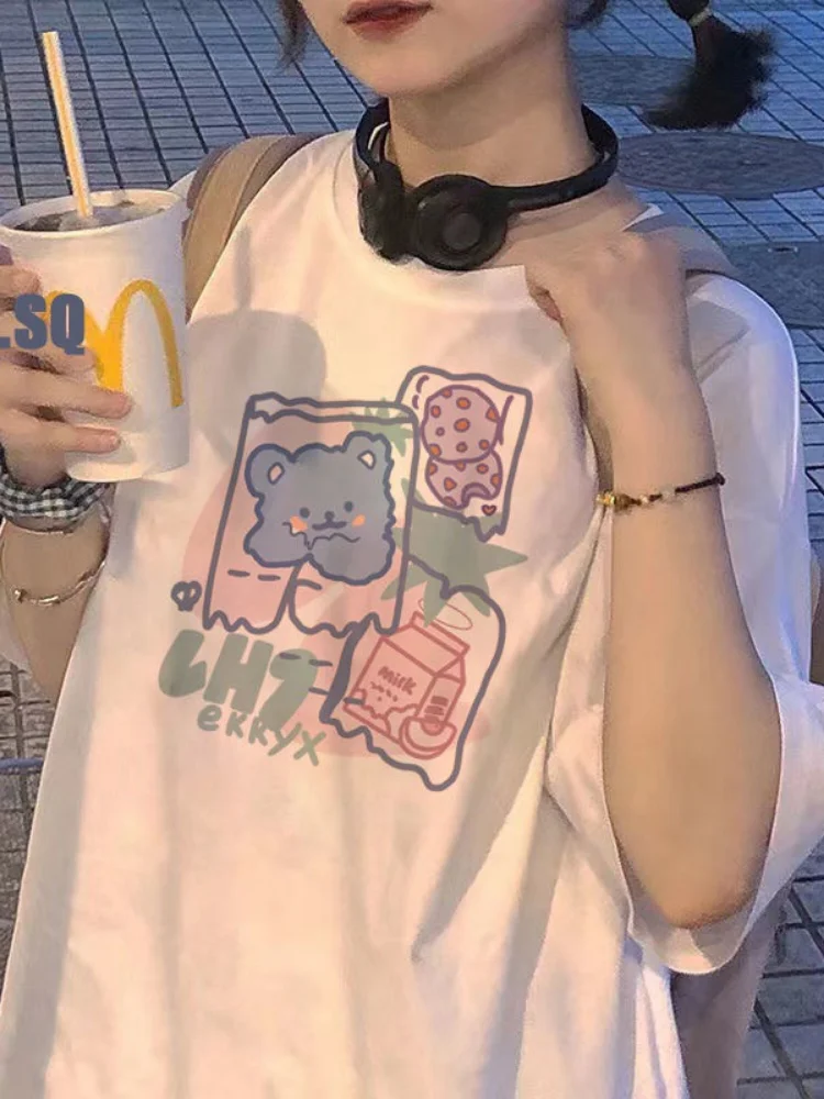 Deeptown Harajuku Kawaii Graphic T Shirts Women Cartoon Bear Print Top Female Korean Fashion Clothes Kpop Sweet Cute Tees Summer