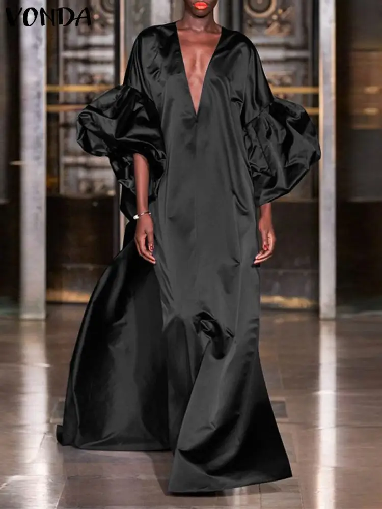 

Платье-макси VONDA женское однотонное атласное с рукавами-фонариками и V-образным вырезом