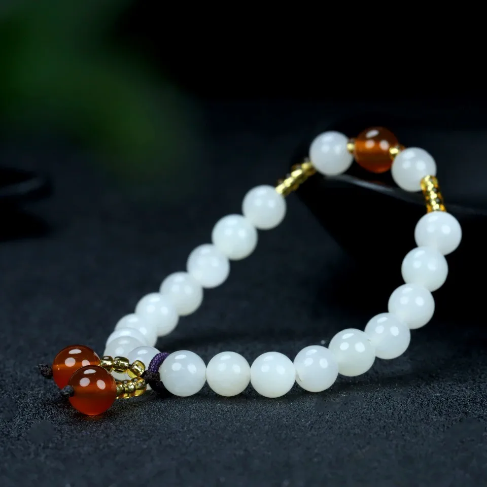 

8mm White Jades Bracelet Men Women Fine Jewelry Accessories Genuine Hetian Jade Nephrite Round Beads Tassel Bracelets Bangles