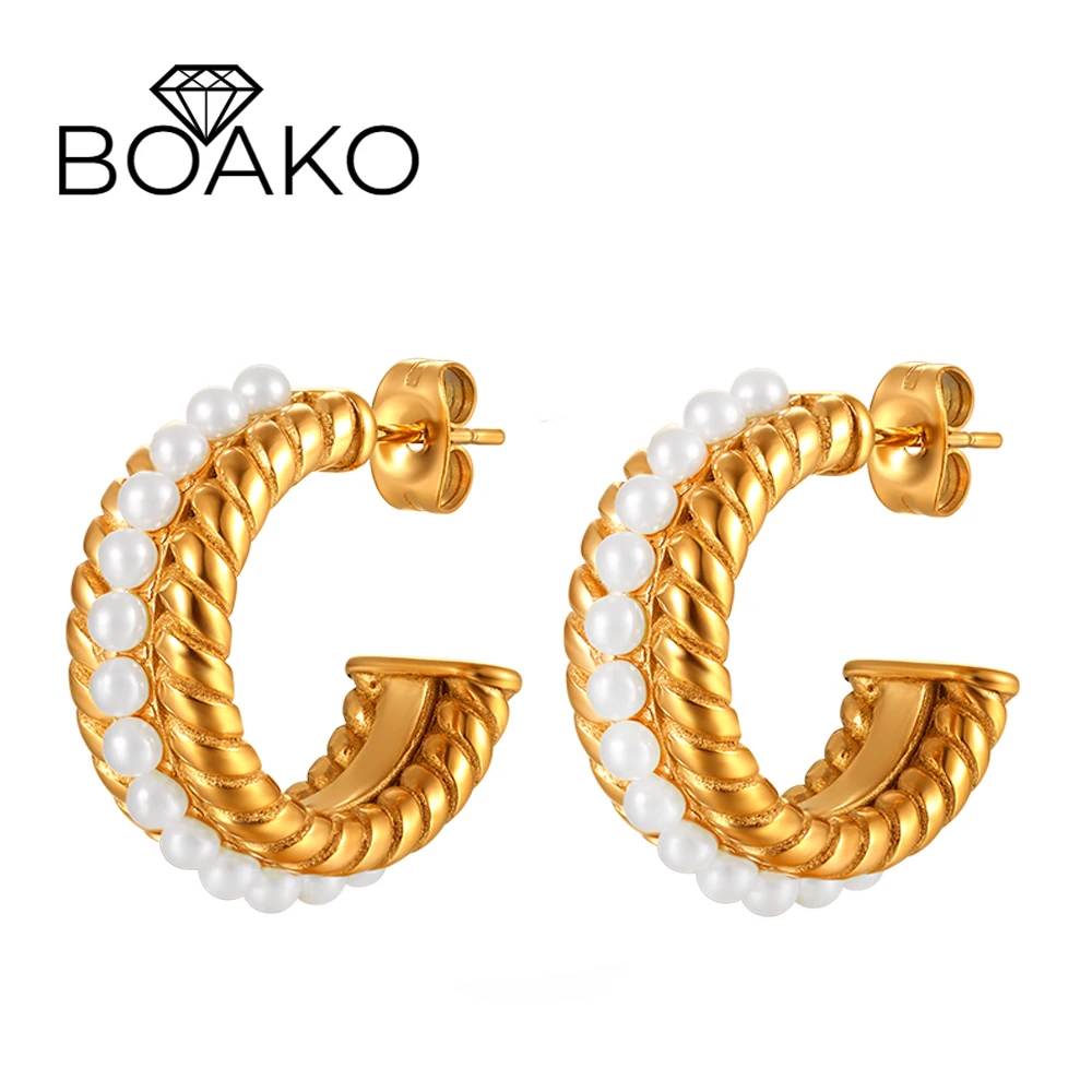 

BOAKO Exquisite Single Row Pearl Stud Earrings Jewelry 316L Stainless Steel C-shaped Earring For Girls Friends New Yearl Gift