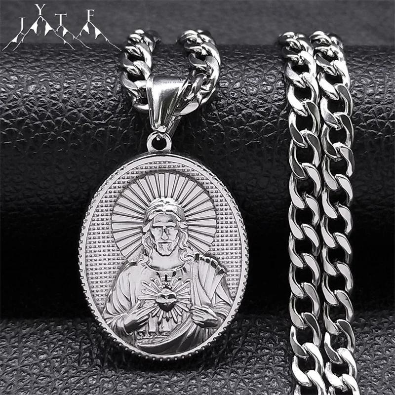 

Catholic 316 Stainless Steel Sacred Heart of Jesus Medal Necklace for Women Men Silver Color Religious Pendant Necklaces Jewelry