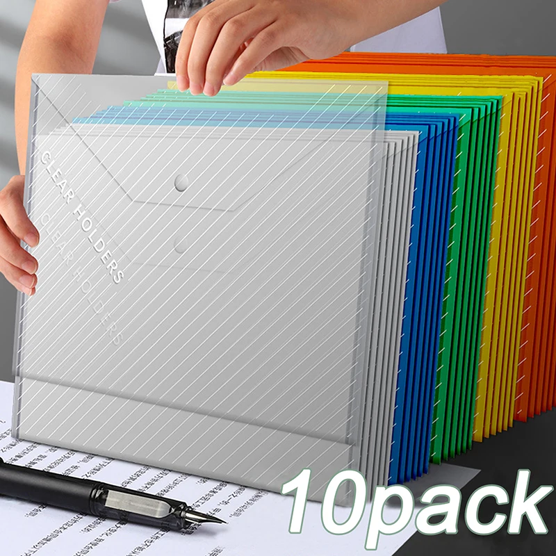 

10pcs Thick File Bag Transparent Waterproof A4 Snap-type Plastic Information Bag Portfolio Storage Bag Folder Office Supplies