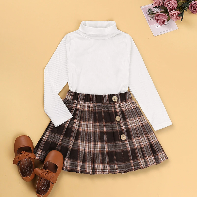 

Baby Girl Clothing Sets Spring Autumn Solid Long Sleeve Bottoming Shirt + Plaid Pleated Skirt Suit 2022 New Cotton Kids Clothes