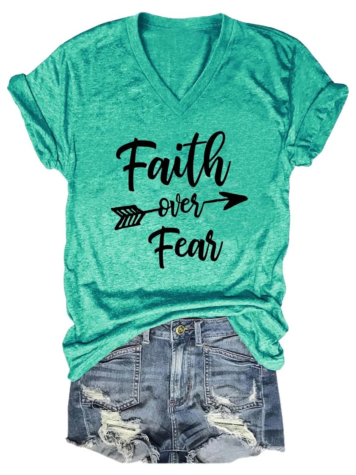 Lovessales Womens Faith Over Fear V-Neck Short Sleeve 100% Cotton T-shirt