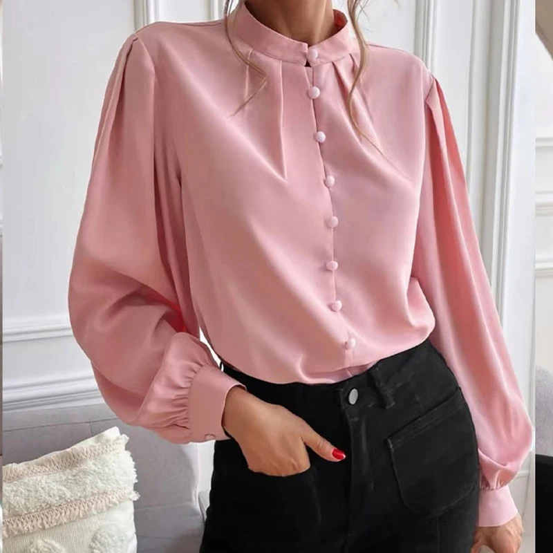 

Summer Office Lady Loose Solid Tops Elegant Turn Down Collar Long Sleeve Single Breasted Blouse Women New Fashion Blusas 23018