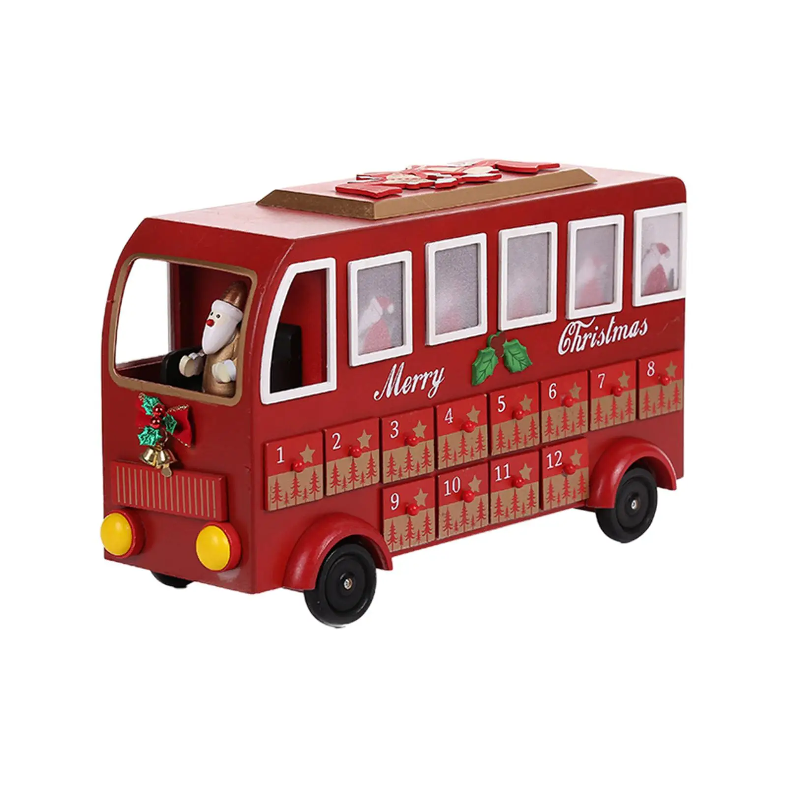 

Рождественский деревянный календарь с будильником и автобусом, 24 дня отсчет вниз, 16x4x7 дюймов с 24 ящиками, украшение, прекрасный подарок, Рож...