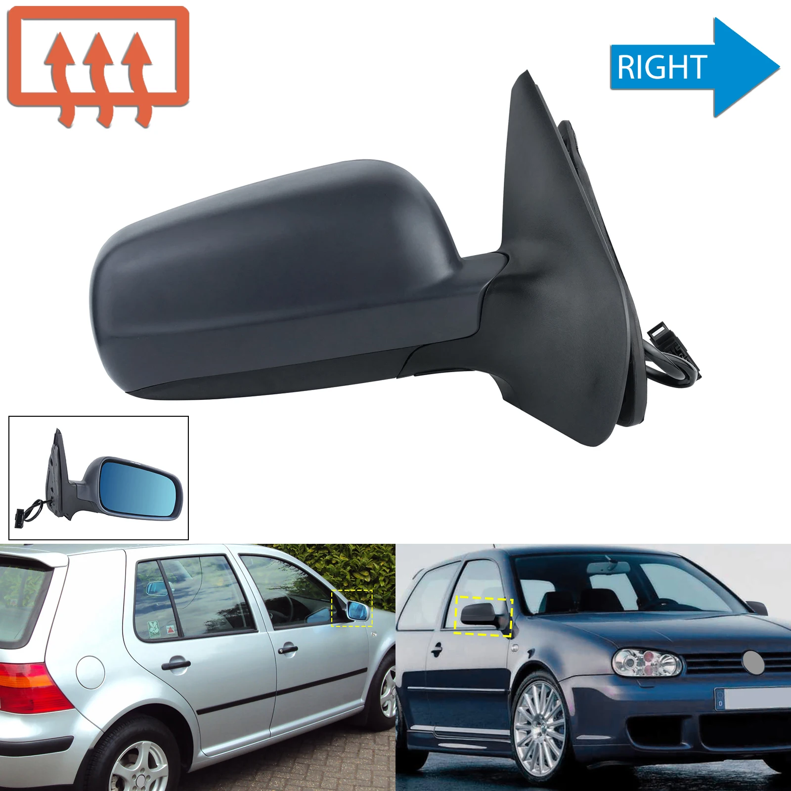 

Зеркало правой и боковой электрической двери крыла, грунтое O/S с подогревом для VW Golf MK4 97-04