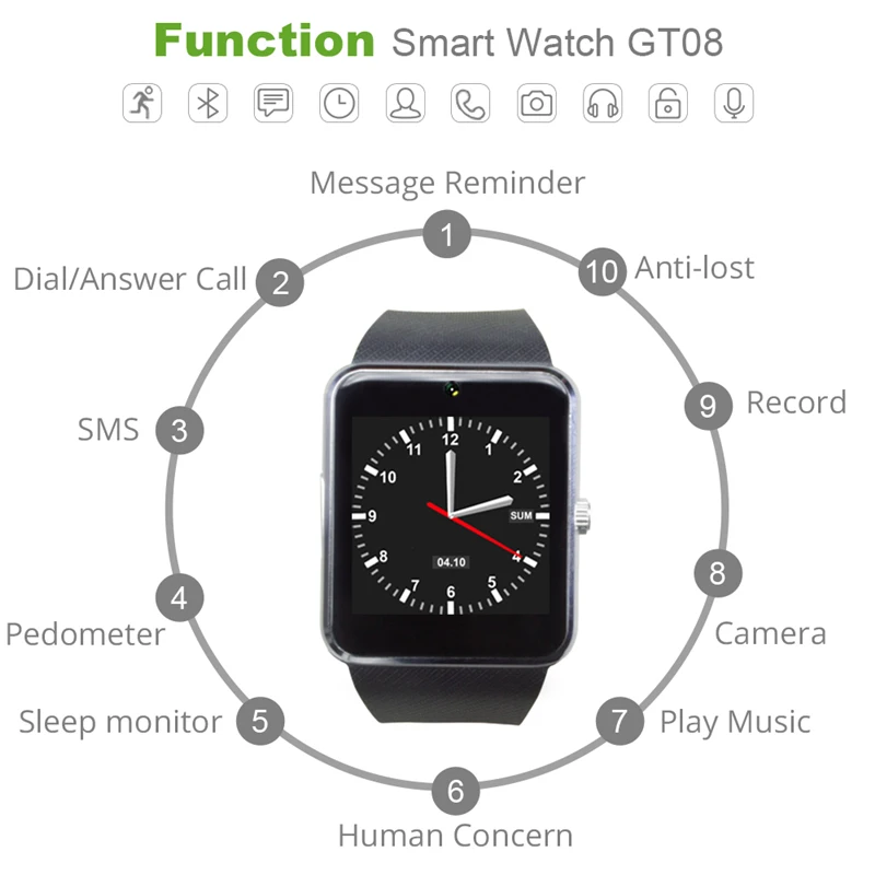 Смарт-часы GT08 с поддержкой Sim-карты TF-карты и Bluetooth | Электроника