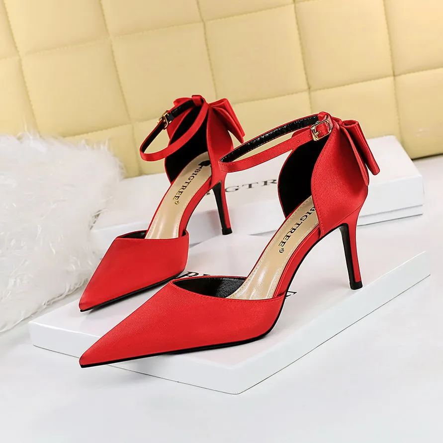 BIGTREE Big Size 34-43 Sweet Bowtie Buckle Women Sandals Silk Shallow Fashion High Heels Shoes Sexy Pointy Toe Female Party Pump