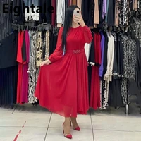 eightale tea length red a line evening dress chiffon long sleeves rhinestones plus size arabic formal prom party gown