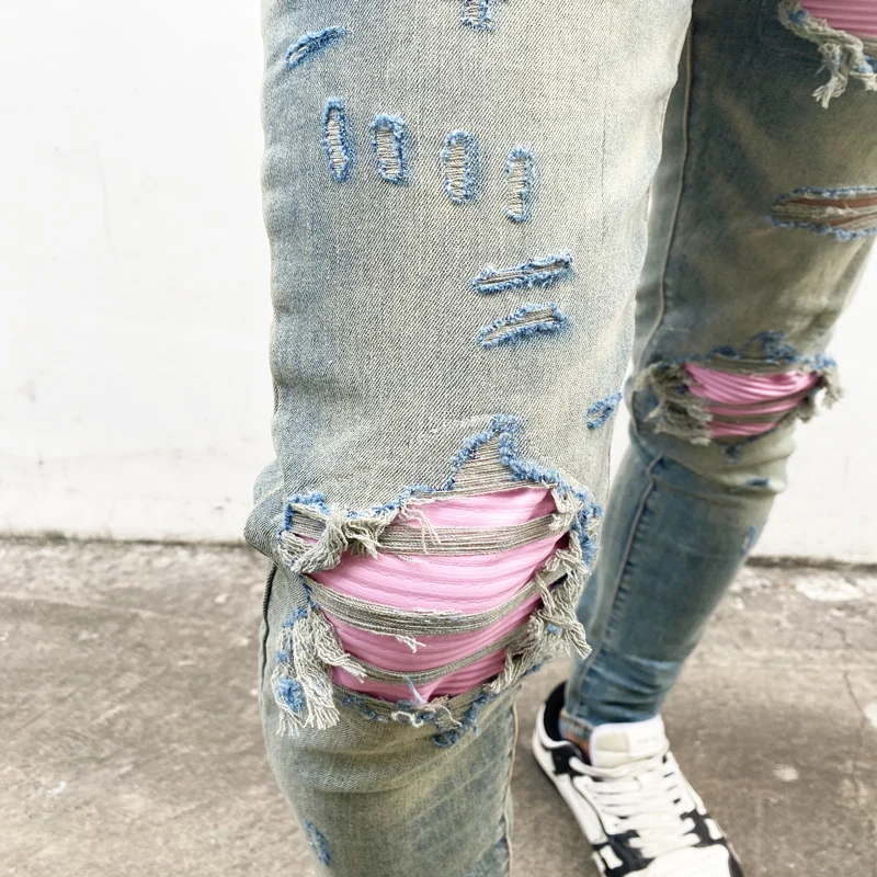 High Street Fashion Men Jeans Retro Blue Stretch Skinny Fit Hole Ripped Jeans Men Patched Designer Hip Hop Brand Pants Hombre