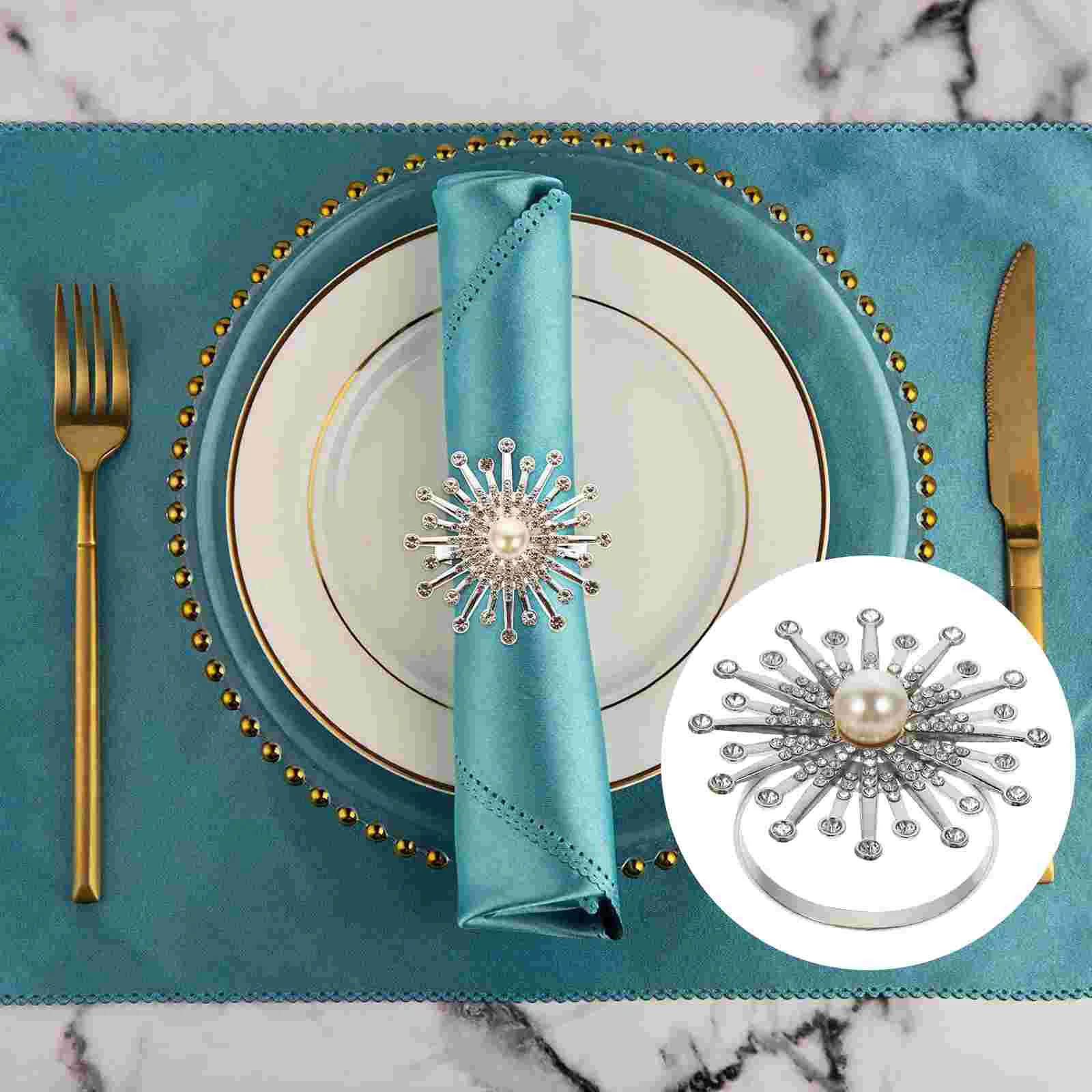 

6Pcs Sunflower Napkin Rings Rhinestone Pearl Napkin Buckles Table Napkin Holders