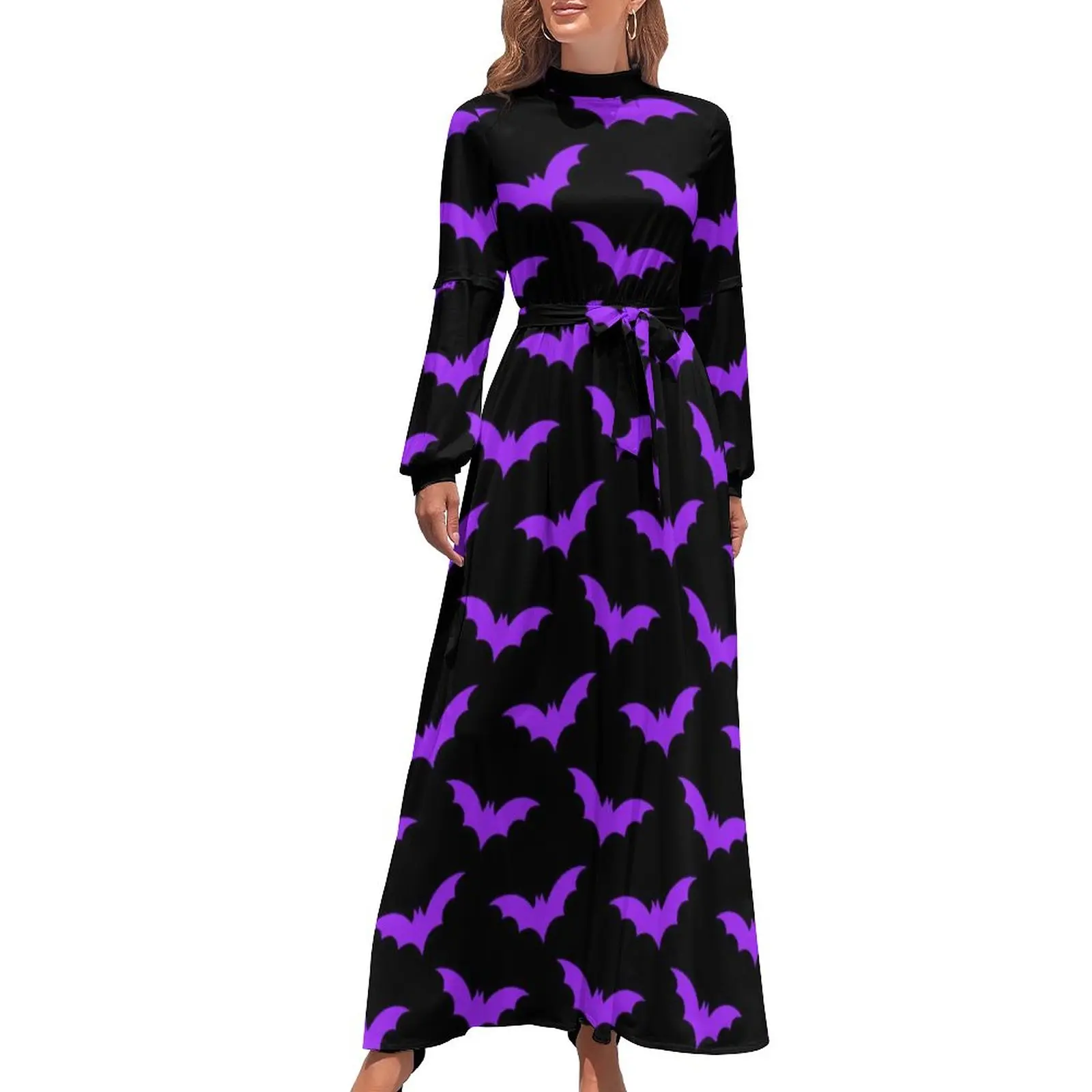 

Purple Bat Print Dress Halloween Pattern Sexy Maxi Dress Casual Beach Long Dresses High Waist Custom Vestidos