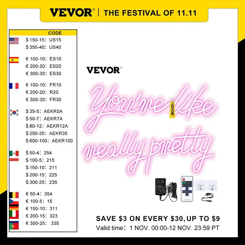 

VEVOR Neon Sign "You're Like Really Pretty" Decoration Illuminated Lighting Signage Pink Celebration Wall Party LED Night Lamp