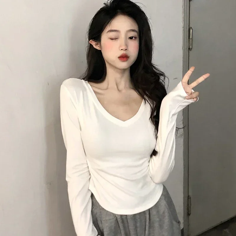 Футболка V-Hals Met Lange Mouwen Dames Koreaanse Lente Herfst Nieuwe Onregelmatige Zoom Slanke Повседневные футболки Y2K