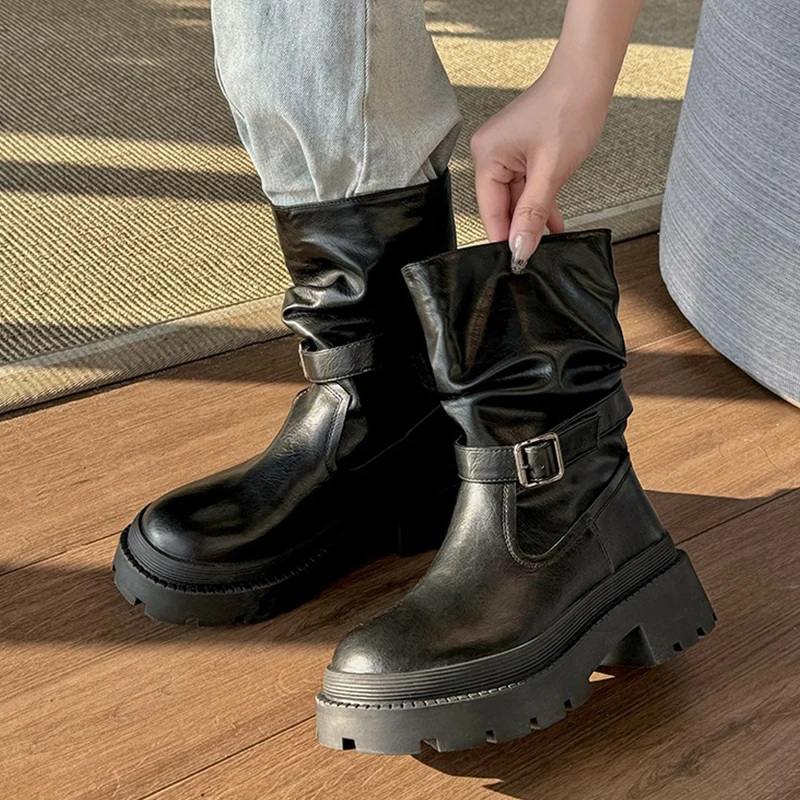 Женские ботильоны на плоской подошве и платформе новые кожаные плиссированные