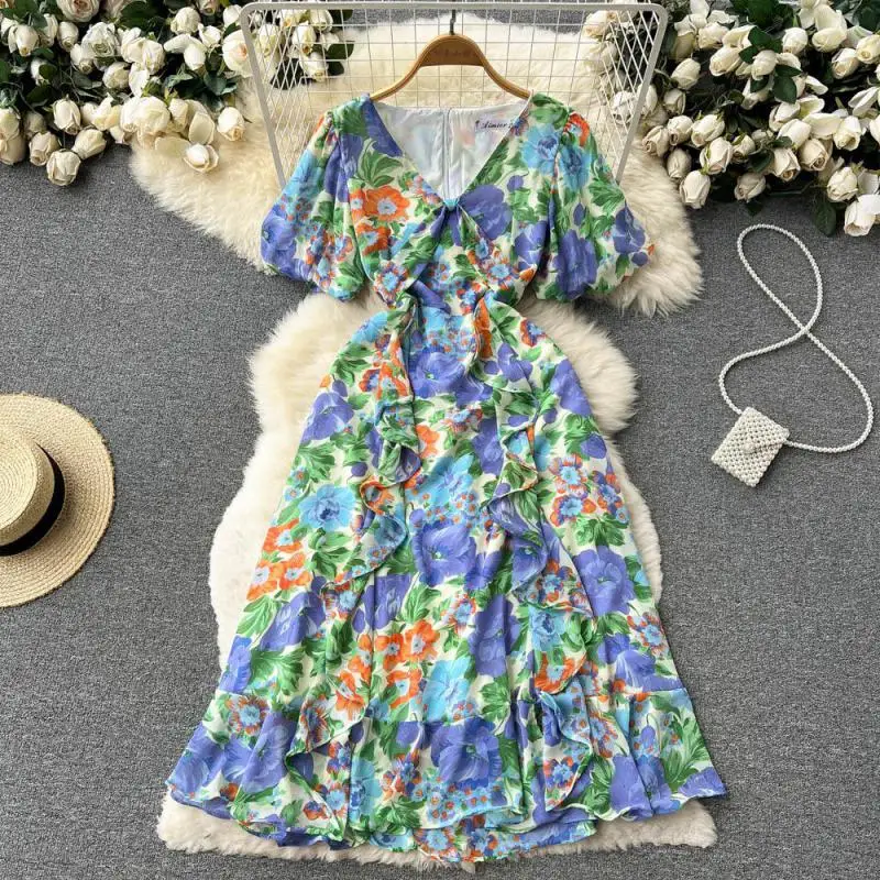 

WEIHAOBANG 2022 Summer Women New Chiffon Floral V-neck Short Sleeve High Waist Casual Dress Slim Fit Medium Length A-line Skirt