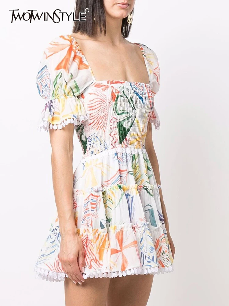 

TWOTWINSTYLE Vintage Print Colorblock Dress For Women Square Collar Puff Sleeve High Waist Casual Mini Dresses Female Clothing