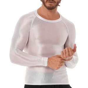 Imported Men's Clothing Glossy O Neck Long Sleeve T-shirt Solid Color Slim Fit Breathable Shirt Tops Gym Jogg