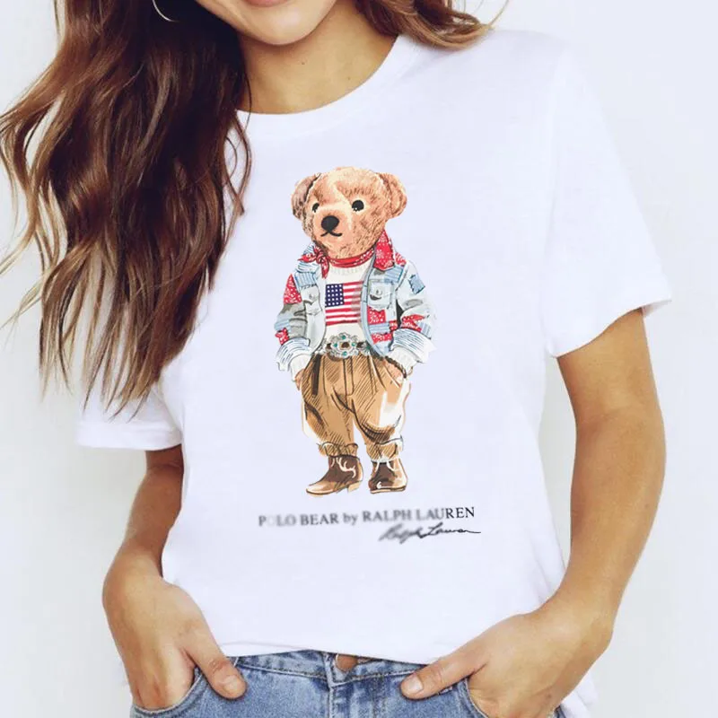 

Футболка YRYT Мужская и женская с коротким рукавом, простая однотонная хлопковая рубашка с круглым вырезом, с принтом медведя, одежда для пар, ...