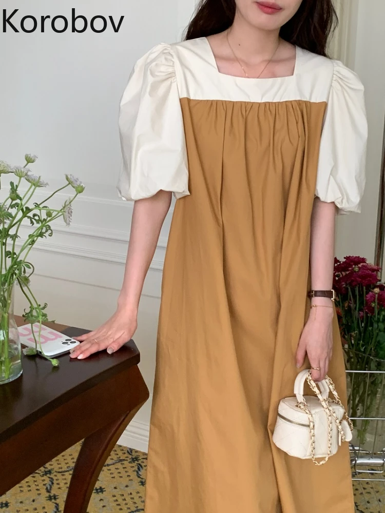

Korobov Summer Temperament Simple Leisure Square Collar Contrasting Colors Puff Sleeves Loose Dress Fashion Vestido Feminino