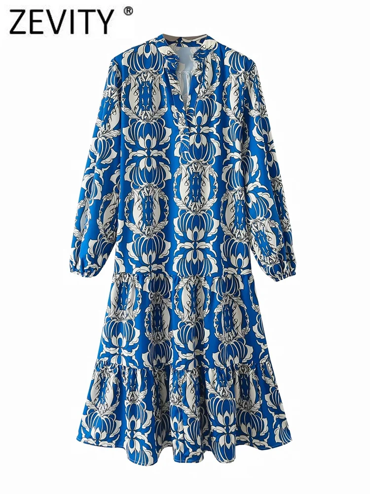 

Zevity Women Vintage Stand Collar Totem Flower Print Pleats Tierred Midi Dress Femme Chic Retro Long Sleeve Loose Vestido DS2920