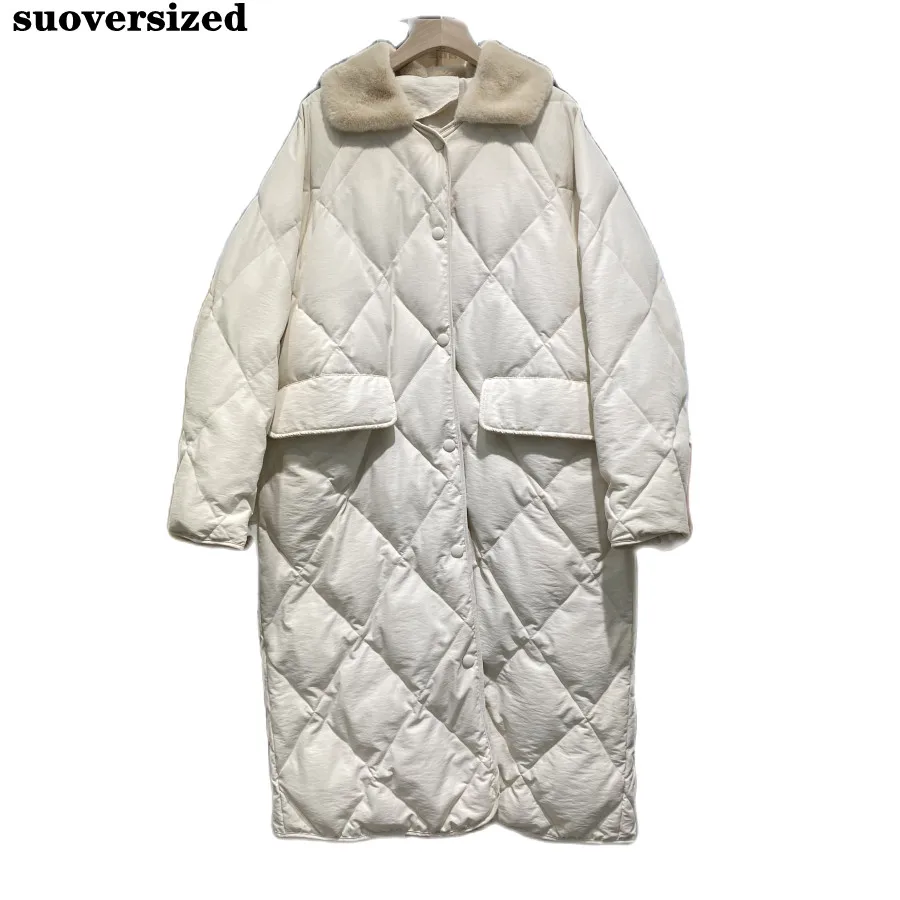 

Winter Duck Down Jacket Ultralight Plaid Long Coat Women Warm Thick Parka Basic Solid Casual Outwear Korean POLO Collar Overcoat