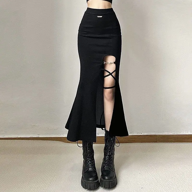 

Women's Y2k Punk Skirts with High Waist and High Slits Elegant Fashion and Sexy Chain Decoration Street Wear Mid-length Skirts