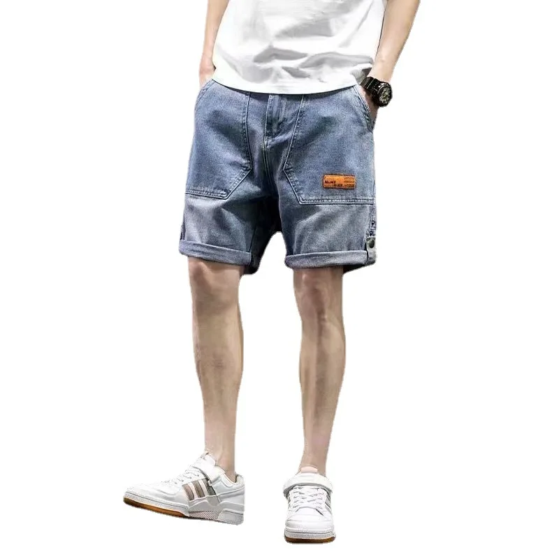 Streetwear Vintage Denim Shorts Men Knee Length Jeans Summer Fashion Pocket Stitching Jeans Men Mid Waist Denim Straight Shorts