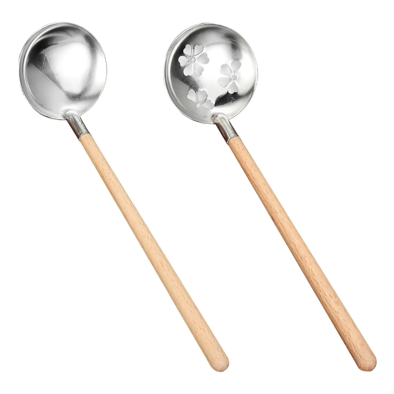

304 Stainless Steel Spoon Ladle Long Wood Handle (Silver) Home Cooking